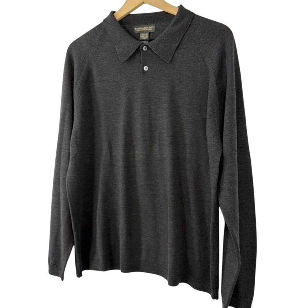Banana Republic Extra Fine Italian Merino Wool Polo Sweater Gray‎ Mens XL - Picture 2 of 5